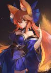  1girl animal_ears bare_shoulders bow breasts cleavage detached_collar embers fate/extra fate_(series) fox_ears fox_shadow_puppet hair_bow highres hoojiro large_breasts long_hair off_shoulder orange_eyes pink_hair pleated_skirt skirt smile solo tamamo_(fate)_(all) tamamo_no_mae_(fate) 
