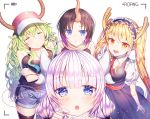  4girls black_hair blue_eyes blue_hair blush breasts closed_eyes dragon_girl elma_(maidragon) eyebrows_visible_through_hair green_hair horn horns kanna_kamui kobayashi-san_chi_no_maidragon large_breasts long_hair looking_at_viewer maid maid_headdress multicolored_hair multiple_girls necktie open_mouth orange_eyes orange_hair purple_hair quetzalcoatl_(maidragon) red_necktie roang short_hair silver_hair smile speech_bubble teeth tooru_(maidragon) translation_request twintails two-tone_hair 