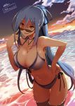  1girl bikini blue_hair blue_sky breasts character_request cleavage cowboy_shot hair_between_eyes hair_ribbon hakoniwa_tsuka hand_on_hip jewelry large_breasts long_hair looking_at_viewer multi-strapped_bikini necklace outdoors ponytail ribbon side-tie_bikini sidelocks sky smile solo sunglasses sunglasses_on_head sunset swimsuit very_long_hair wading wet yellow_eyes 