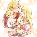  2boys 2girls baby blonde_hair blue_eyes blush brothers carrying child closed_eyes edward_elric eyebrows_visible_through_hair family father_and_daughter father_and_son floral_background fullmetal_alchemist grin happy long_hair looking_at_viewer mother_and_daughter mother_and_son multiple_boys multiple_girls open_mouth pink_background ponytail short_hair siblings smile spoilers tsukuda0310 winry_rockbell yellow_eyes 