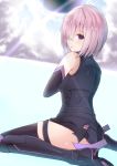  1girl armor armored_dress black_gloves black_legwear black_leotard blush dutch_angle elbow_gloves eyebrows_visible_through_hair fate/grand_order fate_(series) gloves hair_over_one_eye highres leotard looking_at_viewer looking_back parted_lips profile purple_hair shielder_(fate/grand_order) short_hair solo thigh-highs violet_eyes yuzuzukushi 
