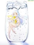  1girl air_bubble barefoot bikini blush breasts cup drinking_glass food from_side fruit full_body highres ice ice_cube in_container in_cup lemon lemon_slice long_hair looking_at_viewer open_mouth original plantar_flexion sideboob simple_background small_breasts solo swimsuit the_cold twitter_username white_background white_bikini white_hair yellow_eyes 