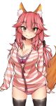  1girl animal_ears black_legwear bra breasts cleavage collarbone fate/extra fate_(series) fox_ears fox_tail hair_ribbon highres large_breasts light_smile looking_at_viewer open_mouth panties pink_bra pink_hair pink_panties ribbon simple_background solo tail tamamo_(fate)_(all) tamamo_no_mae_(fate) thigh-highs underwear white_background yellow_eyes zeroyama 