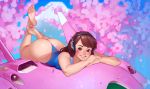  1girl ass barefoot brown_hair d.va_(overwatch) day facial_mark feet feet_together feet_up full_body grin headphones kyle_(kairunoburogu) long_hair looking_at_viewer lying md5_mismatch mecha meka_(overwatch) on_stomach overwatch parted_lips revision smile soles solo swimsuit the_pose thong_one-piece_swimsuit toes whisker_markings 