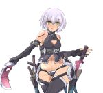  1girl assassin_of_black bandage bandaged_arm bare_shoulders black_legwear black_panties blush breasts cleavage cleavage_cutout depo_(typebaby505) fate/apocrypha fate/grand_order fate_(series) fingerless_gloves gloves green_eyes highres looking_at_viewer navel panties scar short_hair silver_hair smile solo thigh-highs underwear weapon wide_hips 