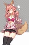  1girl :3 ;) animal_ears arm_at_side bad_id bad_pixiv_id bangs bikini_top black_legwear black_shorts blush breasts brown_eyes chocoan cleavage closed_mouth collarbone cowboy_shot eyebrows_visible_through_hair fate/extella fate/extra fate/extra_ccc fate_(series) fox_ears fox_tail frills grey_background hair_ornament hair_scrunchie heart highres hood hoodie jacket jewelry long_hair looking_at_viewer loungewear low_twintails medium_breasts necklace one_eye_closed open_clothes open_jacket partially_unzipped paw_pose pendant pink_bikini_top pink_hair scrunchie short_shorts shorts sleeves_past_wrists smile solo standing strapless strapless_bikini striped striped_background striped_hoodie striped_jacket tail tamamo_(fate)_(all) tamamo_no_mae_(fate) tareme thigh-highs thigh_gap thighs tsurime twintails two-tone_background underwear wavy_hair zipper 