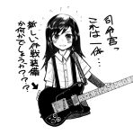 1girl arm_warmers asashio_(kantai_collection) bangs blush flying_sweatdrops greyscale guitar instrument kakoben_(mudvana) kantai_collection long_hair looking_at_viewer monochrome open_mouth short_sleeves simple_background skirt solo suspenders telecaster white_background 