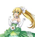  1girl blonde_hair bow braid breasts choker cleavage collarbone dress elbow_gloves floating_hair gloves green_eyes hair_bow hair_ribbon high_ponytail large_breasts layered_dress leafa long_hair pointy_ears ribbon shiny shiny_skin sleeveless sleeveless_dress solo standing strapless strapless_dress sword_art_online transparent_background twin_braids very_long_hair white_flower white_gloves white_ribbon 