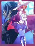  belt blue_hair boots cape closed_eyes glasses hat leggings little_witch_academia long_hair miniskirt profile red_eyes redhead shiny_chariot short_hair skirt star starry_background tama ursula_charistes 