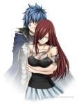 1boy 1girl arya-aiedail black_shirt blue_hair blue_skirt breasts cleavage closed_eyes collarbone crossed_arms crying deviantart_username erza_scarlet facial_tattoo fairy_tail hair_over_eyes hair_over_one_eye hug hug_from_behind jellal_fernandes large_breasts pleated_skirt shirt simple_background skirt sleeveless spiky_hair standing tattoo tears transparent white_background 