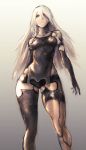  1girl commentary_request dress expressionless full_body grey_background grey_eyes hair_between_eyes highres hometa long_hair looking_at_viewer mechanical_arm mechanical_legs mole mole_under_mouth nier_(series) nier_automata sleeveless sleeveless_dress solo white_hair yorha_type_a_no._2 