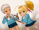  1boy 1girl :d archer black_shorts black_skirt blonde_hair bokken child fate/extra fate/grand_order fate/stay_night fate_(series) green_eyes holding holding_sword holding_weapon kindergarten_uniform miniskirt naomi_(fantasia) nero_claudius_(fate) nero_claudius_(fate)_(all) open_mouth saber_extra shorts skirt slingshot smile sword unsheathed weapon wooden_sword young younger 