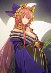  1girl animal_ears bare_shoulders breasts brown_hair cleavage fate/extra fate_(series) fox_ears hair_ornament hsin japanese_clothes kimono large_breasts long_hair looking_at_viewer smile solo tamamo_(fate)_(all) tamamo_no_mae_(fate) very_long_hair yellow_eyes 