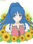  1girl blue_eyes braid fire_emblem fire_emblem:_seima_no_kouseki floral_background flower komugikomix looking_at_viewer pauldrons ponytail simple_background smile solo sunflower tana twin_braids 