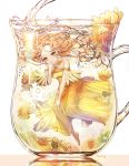  1girl artist_name blonde_hair bubble eyebrows_visible_through_hair flower highres ice ice_cube long_hair looking_at_viewer open_mouth original pitcher roang solo submerged water yellow_eyes 