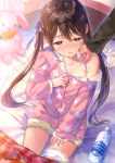  1girl bangs bed blanket blush bottle brown_eyes brown_hair commentary_request from_above hair_ribbon hanekoto indoors long_hair male_hand off_shoulder open_mouth original pajamas pants pov ribbon sitting sleeves_past_wrists solo_focus stuffed_animal stuffed_bunny stuffed_toy sweat thermometer twintails twitter_username very_long_hair water_bottle 