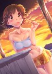  1girl absurdres blush breasts brown_eyes brown_hair cleavage collarbone eyebrows_visible_through_hair food highres holding holding_food looking_at_viewer maru_(sara_duke) medium_breasts navel original popsicle short_hair smile solo standing sweat sweating tongue tongue_out wet 