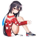  1girl absurdres bangs black_hair blush boku_no_kanojo_wa_ningyohime!? christmas closed_mouth eyebrows_visible_through_hair from_side gym_shorts hair_between_eyes highres legs_together long_hair looking_at_viewer making_of off_shoulder own_hands_together red_eyes shoes shorts simple_background sitting sneakers solo the_cold thighs very_long_hair white_background 