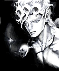  1boy earrings giorno_giovanna gold_experience graphite_(medium) greyscale highres jewelry jojo_no_kimyou_na_bouken male_focus monochrome necklace nobita pendant serious shiny shirtless stand_(jojo) stud_earrings traditional_media 