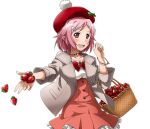  1girl :d blush bonnet collarbone dress food frilled_dress frills fruit grey_jacket hair_ornament hairclip hat high-waist_skirt jewelry lisbeth_(sao-alo) looking_at_viewer necklace open_jckat open_mouth outstretched_arm pink_hair pointy_ears red_dress red_eyes red_hat short_dress short_hair skirt smile solo strawberry sword_art_online transparent_background upper_body 