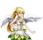  1girl :d angel_wigns blonde_hair blush bow braid breasts choker cleavage dress feathered_wings frilled_dress frills green_eyes hair_bow hair_ornament hand_on_hip large_breasts layerered_dress leafa long_hair open_mouth pointy_ears smile solo standing strapless strapless_dress sword_art_online transparent_background twin_braids very_long_hair white_wings wings 