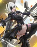  1girl ass black_blindfold black_boots black_dress black_hairband blindfold boots breasts cleavage_cutout covered_eyes dress feather-trimmed_sleeves hairband high_heel_boots high_heels juliet_sleeves leotard long_sleeves medium_breasts nier_(series) nier_automata parted_lips pod_(nier_automata) puffy_sleeves short_hair silver_hair sword thighhighs_under_boots vambraces weapon weapon_on_back white_leotard x-kulon yorha_no._2_type_b 