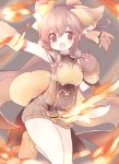  1girl animal_ears breastplate brown_eyes brown_hair cape dog_ears dog_paws dog_tail dyute_(fire_emblem) fang fire fire_emblem fire_emblem_echoes:_mou_hitori_no_eiyuuou grey_background long_hair open_mouth paws ponytail solo tail teu_(navy) upper_body 