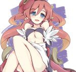  1girl bare_shoulders blue_eyes blush breasts bridal_gauntlets cleavage duel_monster flower hair_flower hair_ornament long_hair looking_at_viewer medium_breasts nanashino_(nanasino101) navel open_mouth pink_hair pointy_ears rafflesia_(flower) sitting smile solo traptrix_rafflesia under_boob very_long_hair yu-gi-oh! 