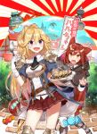  2girls animal_ears bangs blush boots brown_eyes brown_hair brown_skirt candy cloak cover cover_page eyebrows_visible_through_hair fang food gloves hair_between_eyes hair_bobbles hair_ornament hand_up highres holding holding_food holding_plate hood hooded_cloak isekai_okonomiyaki_chain knee_boots long_hair looking_at_viewer multiple_girls novel_cover okonomiyaki open_mouth outdoors plate pleated_skirt shirako_miso sign skirt spatula sunburst sweatdrop wavy_hair white_gloves white_legwear 