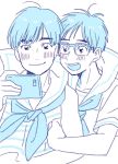  2boys arm_hug cellphone eko_(3193233) glasses katsuki_yuuri male_focus monochrome multiple_boys open_mouth phichit_chulanont phone sailor smartphone smile yuri!!!_on_ice 