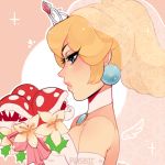  1girl artist_name bare_shoulders blush bouquet bridal_veil brooch closed_mouth commentary detached_collar earrings expressionless eyelashes flower from_side half-closed_eyes holding holding_bouquet holly jewelry lips long_hair looking_away super_mario_bros. open_mouth pink_lips piranha_plant ponytail princess_peach profile savannah_(yugino) see-through sharp_teeth sparkle strapless super_mario_bros. super_mario_odyssey teeth tiara veil 