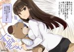  1girl bandage bangs blunt_bangs boko_(girls_und_panzer) brown_eyes brown_hair closed_mouth dutch_angle from_behind girls_und_panzer holding holding_stuffed_animal light_frown long_hair long_sleeves looking_at_viewer looking_back nishizumi_shiho r-king shirt stuffed_animal stuffed_toy sweatdrop teddy_bear twitter_username white_shirt 