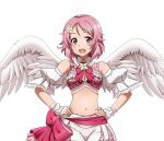  1girl angel_wings bow breasts choker cleavage cowboy_shot hair_ornament hands_on_hips lisbeth_(sao-alo) looking_at_viewer medium_breasts midriff navel neck_ribbon open_mouth pink_hair pointy_ears red_bow red_eyes red_ribbon ribbon short_hair shorts solo stoamch sword_art_online transparent_background white_shorts white_wings wings wrist_cuffs 