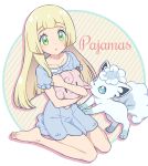  1girl alola_form alolan_vulpix barefoot blonde_hair clefairy cursive english green_eyes lillie_(pokemon) long_hair okonomi pajamas pokemon pokemon_(anime) pokemon_(creature) pokemon_sm_(anime) sitting stuffed_animal stuffed_toy wariza 