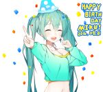  1girl ^_^ aqua_hair bangs birthday blush cheek_poking closed_eyes confetti crop_top cropped_shirt dated eyebrows_visible_through_hair hair_between_eyes happy_birthday hat hatsune_miku highres long_hair navel off_shoulder open_mouth party_hat poking smile solo the_cold twintails upper_body v vocaloid 