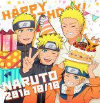  2016 5boys :d absurdres age_progression bandage bandaged_arm birthday_cake blonde_hair blue_eyes boruto:_naruto_the_movie box cake candle character_name dated facial_mark food forehead_protector gift gift_box grin happy_birthday hat highres jacket manjimaru_369 multiple_boys multiple_persona naruto naruto:_the_last naruto_shippuuden one_eye_closed open_mouth party_hat plate smile spiky_hair uzumaki_naruto v whisker_markings 