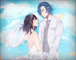  1boy 1girl black_hair blue_hair blush bridal_veil clouds cloudy_sky day dress elbow_gloves eye_contact from_side gloves green_eyes grey_neckerchief groom hair_ornament hand_holding jacket jewelry kill_la_kill kokeshi_1101 layered_dress long_hair looking_at_another looking_down matoi_ryuuko mikisugi_aikurou neckerchief necklace open-back_dress outdoors pants petals sky sleeveless sleeveless_dress smile strapless strapless_dress veil wedding_dress white_dress white_gloves white_jacket white_pants 