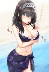  1girl absurdres bikini black_hair blue_eyes blush breasts cleavage hairband highres idolmaster idolmaster_cinderella_girls large_breasts long_hair oga_raito sagisawa_fumika sarong solo swimsuit 