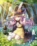 1girl ;d animal animal_hat ascot black_cape black_hat blush bunny_hat cape day dress flower forest frilled_hat frills full_body grass hand_on_headwear hands_up hat hat_flower hat_ribbon kneeling leaf light long_hair looking_at_viewer nature one_eye_closed open_mouth original outdoors pink_hair purple_ribbon rabbit ribbon roang sash smile solo tree upper_teeth witch witch_hat wrist_cuffs yellow_dress yellow_eyes 