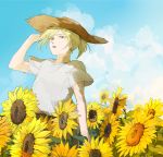  1boy blonde_hair blue_sky flower green_eyes hat male_focus open_mouth ponytail sky straw_hat sunflower you_(gay322k) yuri!!!_on_ice yuri_plisetsky 