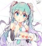  1girl absurdres aqua_eyes aqua_hair bil-ajeossi blush breasts cake collarbone dated detached_sleeves food fruit hair_ornament hatsune_miku headphones highres holding holding_plate looking_at_viewer necktie open_mouth plate signature simple_background solo strawberry twintails vocaloid 