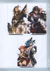  2boys 3girls absurdres animal_ears apollonia_vaar argyle argyle_legwear armor black_dress blue_hair breasts brown_hair cape cleavage cover doraf dress drunk_(granblue_fantasy) earrings elbow_gloves erun_(granblue_fantasy) eugene_(granblue_fantasy) eyepatch facial_hair flower garter_belt gem gloves granblue_fantasy gun hair_flower hair_ornament highres holding holding_weapon horns jewelry large_breasts legs_crossed leotard lipstick long_hair looking_at_viewer looking_back makeup minaba_hideo multiple_boys multiple_girls official_art open_mouth pants pink_hair red_eyes red_leotard rifle rosetta_(granblue_fantasy) scan serious short_hair short_sleeves simple_background sitting smile solo sturm_(granblue_fantasy) sword violet_eyes wavy_hair weapon white_gloves yellow_eyes 