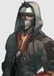  1boy alternate_costume artist_name black_hair blackwatch_genji cyborg genji_(overwatch) hands_in_pockets highres hood hooded_jacket jacket male_focus mask open_clothes open_jacket overwatch red_eyes sae_(revirth) simple_background solo 
