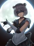  1girl bishoujo_senshi_sailor_moon blindfold breasts choker cleavage collarbone cosplay covered_navel gloves highres mole mole_under_mouth moon nier_(series) nier_automata parted_lips pose purple_mii sailor_moon sailor_moon_(cosplay) short_hair silver_hair solo yorha_no._2_type_b 