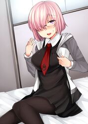  1girl alternate_hair_color black_dress black_legwear blush breasts dress fate/grand_order fate_(series) glasses hair_over_one_eye highres jacket lavender_hair long_sleeves looking_at_viewer medium_breasts necktie on_bed open_clothes open_jacket open_mouth pantyhose red_necktie revision sabujiroko shielder_(fate/grand_order) short_hair sitting smile solo sweat violet_eyes 