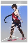  1girl alternate_costume ass bandage bare_shoulders black_hair braid full_body highres looking_at_viewer shoes shorts single_braid smile solo tales_of_(series) tales_of_berseria thigh-highs torn_clothes velvet_crowe yellow_eyes 