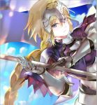  119 1girl armor blonde_hair braid clouds fate/grand_order fate_(series) flag gauntlets green_eyes headpiece ruler_(fate/apocrypha) sky solo 