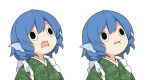  1girl blue_hair commentary_request eyebrows_visible_through_hair hair_between_eyes head_fins japanese_clothes kimono open_mouth simple_background solo strabismus tamahana touhou upper_body wakasagihime wall-eyed white_background 
