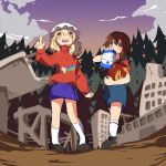  2girls background book cosplay dipper_pines dipper_pines_(cosplay) forest gravity_falls highres kapiten70 mabel_pines mabel_pines_(cosplay) maribel_hearn multiple_girls nature touhou usami_renko 
