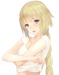  1girl absurdres bangs blonde_hair blue_eyes braid breasts cleavage crossed_arms fate/apocrypha fate_(series) highres keemu_(occhoko-cho) long_hair looking_at_viewer medium_breasts open_mouth ruler_(fate/apocrypha) shirt shirt_lift simple_background single_braid solo t-shirt undressing upper_body white_background 